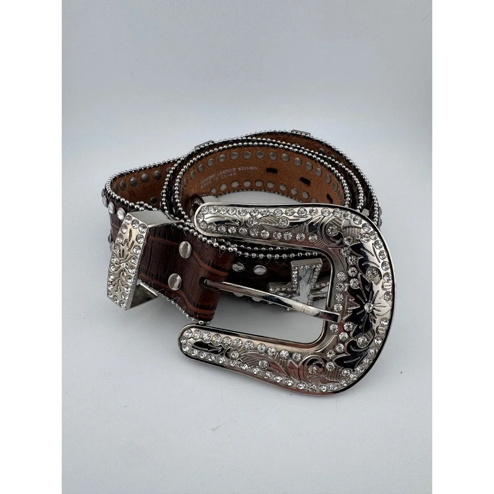 Blazin Roxx Brown Genuine Leather Rhinestone Embellished Western Belt Size L